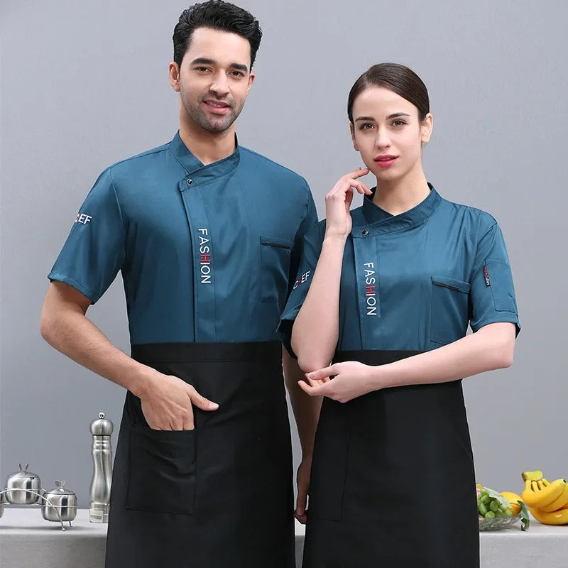 Chef Uniform Hotsale Short Sleeved Coat Breathable Kitchen Cooking Jacket Restaurant Hotel Barber Shop Waiter Work Shirt Unisex