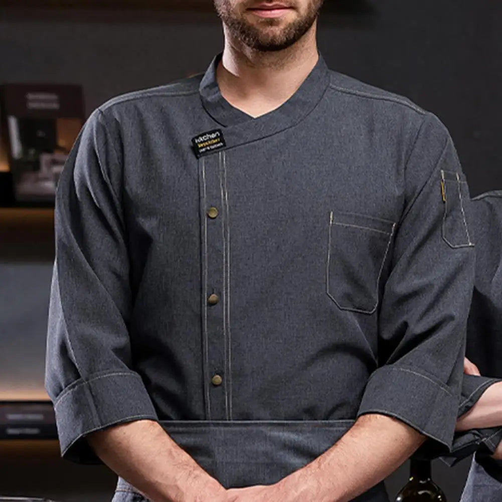 Chef Shirt Long Sleeve Stand Collar Single-breasted Pocket Unisex Kitchen Cook Shirt Bakery Restaurant Waiter Uniform Top