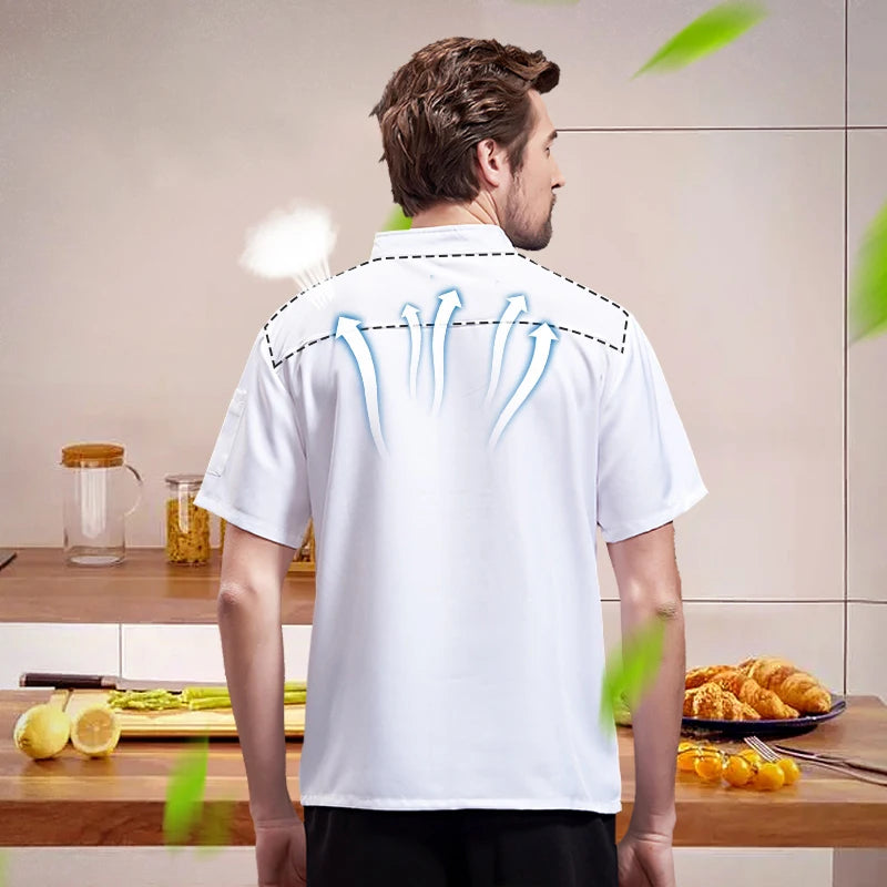 Chef Uniform Hotsale Short Sleeved Coat Breathable Kitchen Cooking Jacket Restaurant Hotel Barber Shop Waiter Work Shirt Unisex