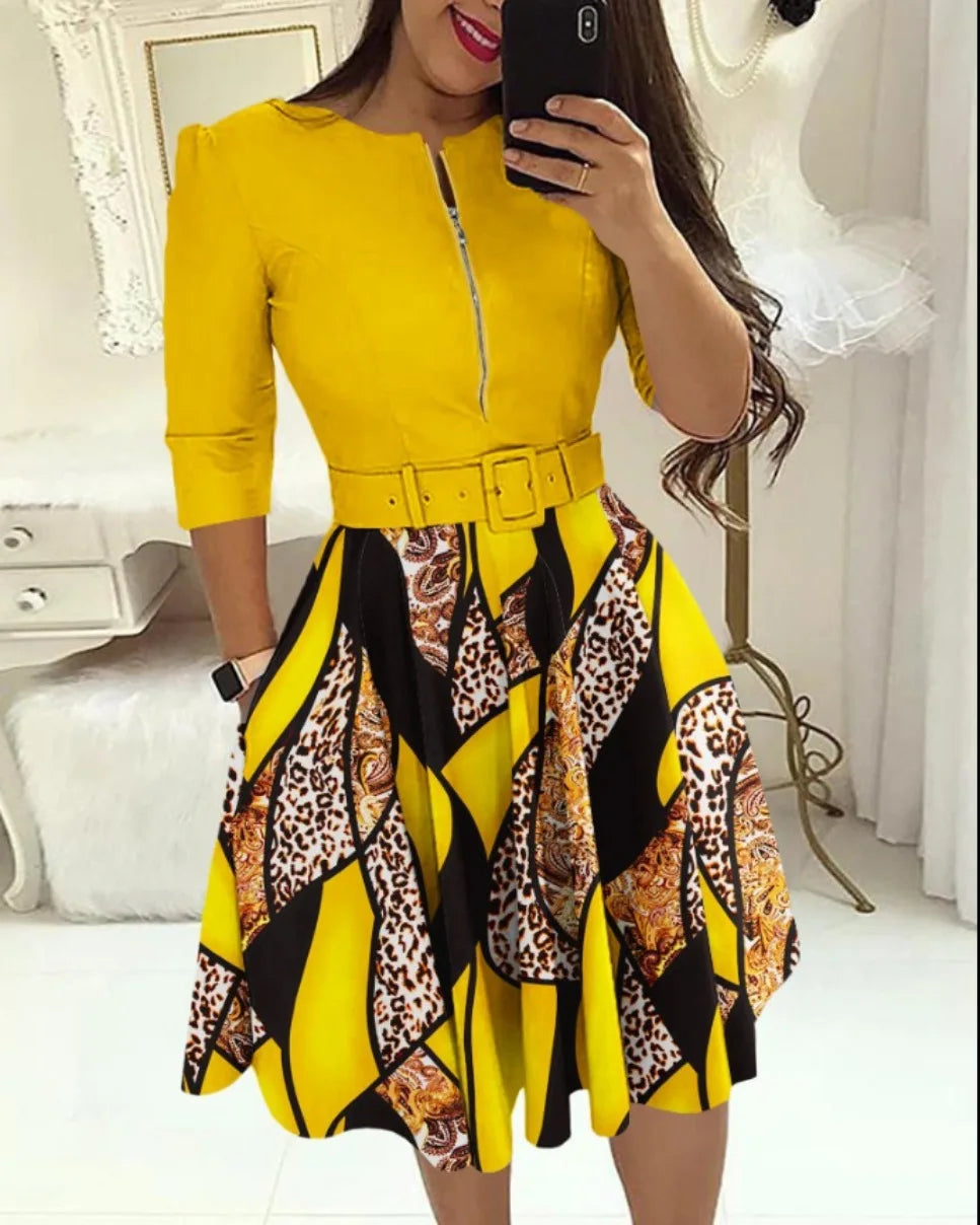 Women's Fashion Style Long Sleeve Dresses Autumn/Winter Round Neck Printed Belt Dress Elegant Office Lady Clothes S-3XL