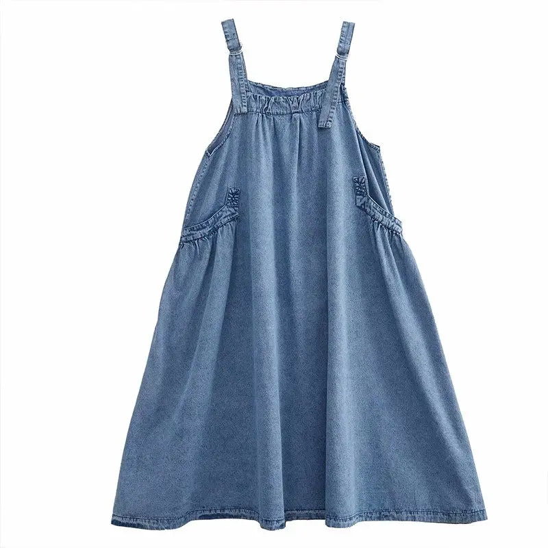 Spring Summer Women Denim Suspender Long Skirt Loose Casual Punk Vintage Style Cargo Female Popular Large Swing Dress Z691