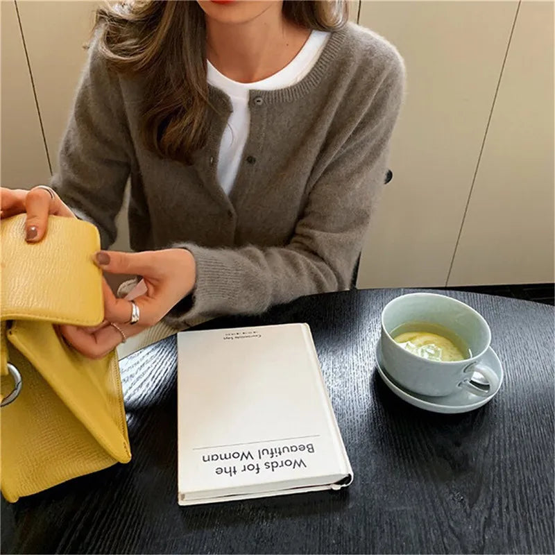 DIHOPE Women Cardigan Solid Color O-Neck Long Sleeve Button Spring Autumn Casual Loose Knit Sweater Coat Woman Korean Fashion