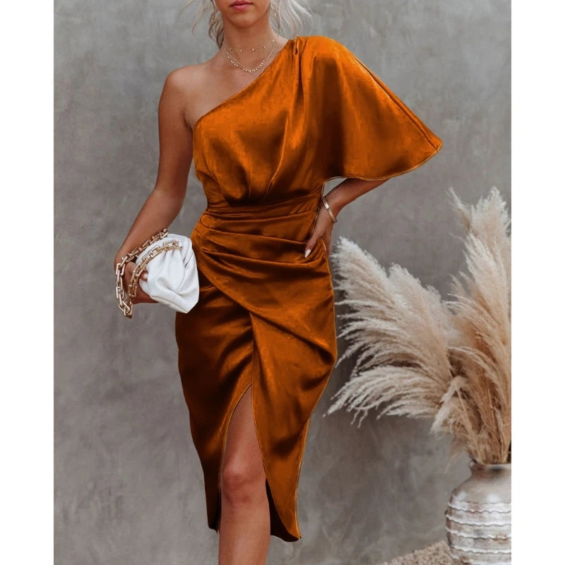 Women One Shoulder Batwing Sleeve Ruched Asymmetrical Satin Midi Bodycon Dresses