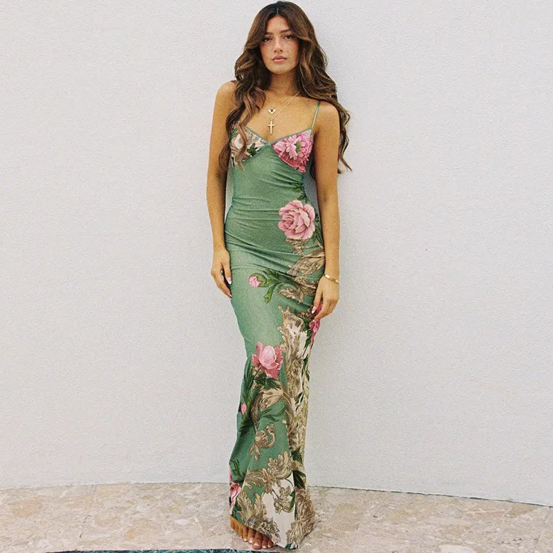 Sleeveless Print Suspender dress women Fashion Vneck slim long skirt summer fashion women's beach party club robe JY23159SK