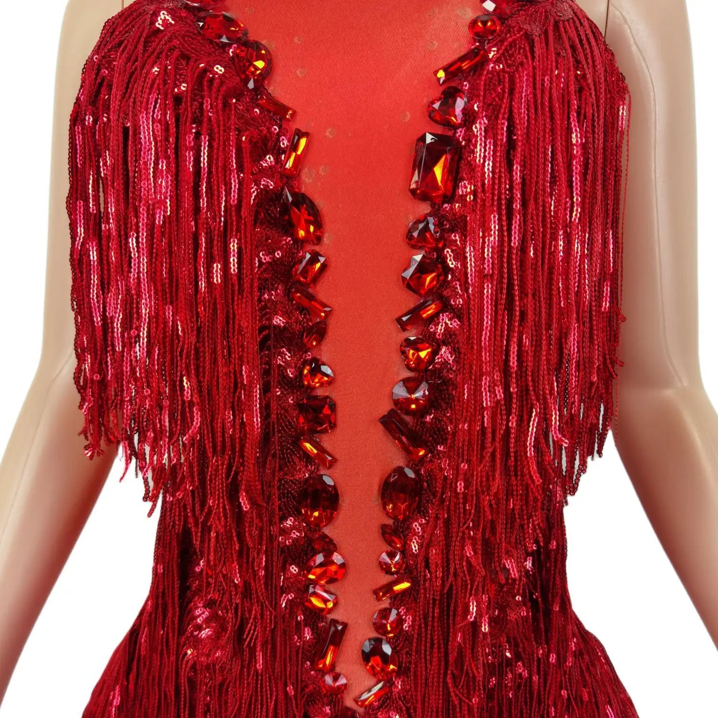 Flashing Red Sequins Fringes Rhinestones Transparent Bodysuit Woman Evening Birthday Celebrate Costume Dancer Leotard Shuye