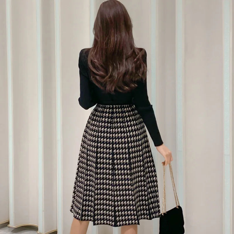 Korean Elegant Knitted Plaid Patchwork Midi Dress for Women Long Sleeve O-neck Bird Lattice Bow Pleated Dress Autumn Winter