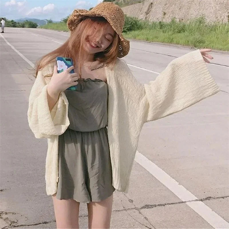 2023 summer New Knitted Cardigan Women's Oversized Summer Cardigan Women's Loose Hollow Coat Sunscreen Pink Cardigan Korean Top