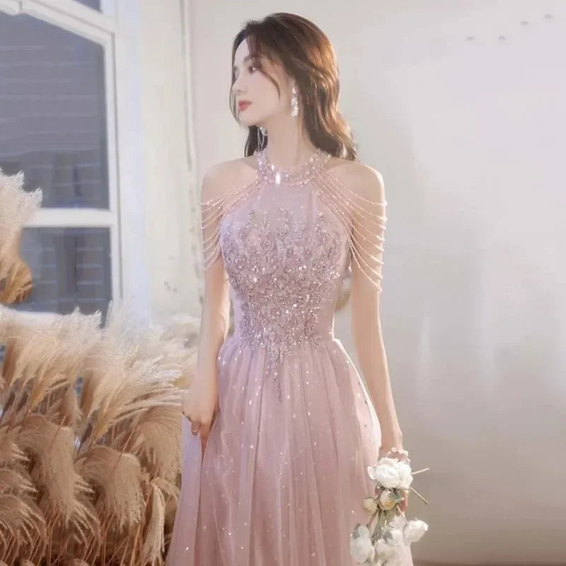 Princess Style Prom Dresses for Women Beading Tassel Solid Halter Sleeveless Skirt Elegant Ladies Party Dress Vestidos Female