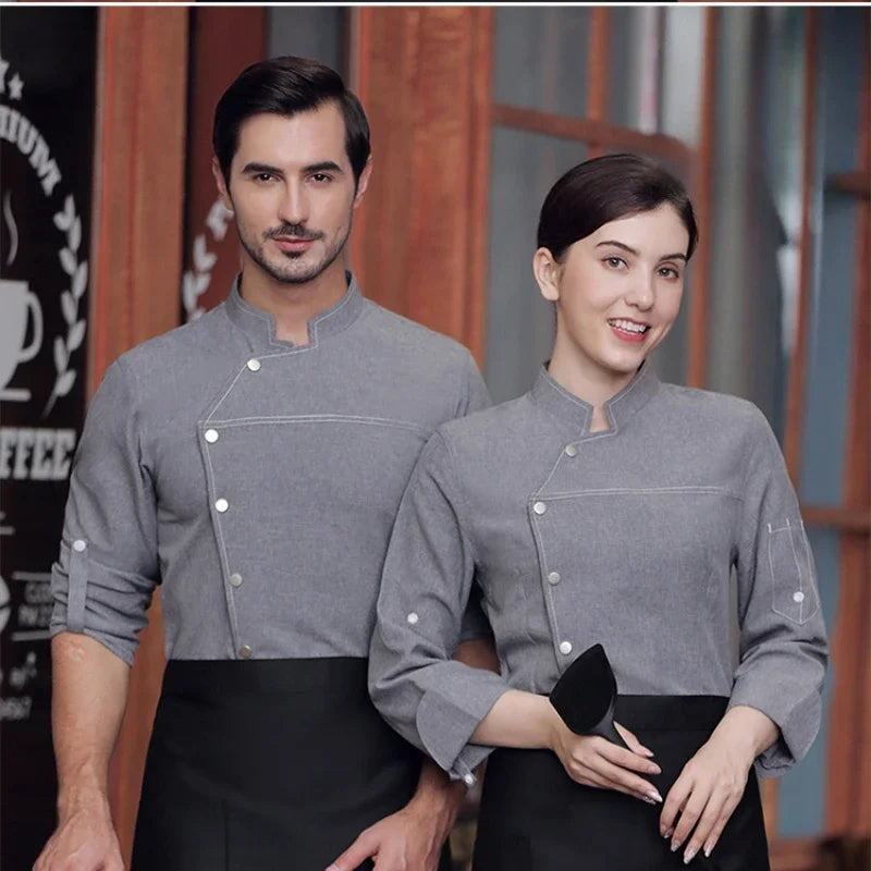 Chef Jacket Long Sleeve with Buttons - Classic Black and White Bartender Baker Waiter Uniform