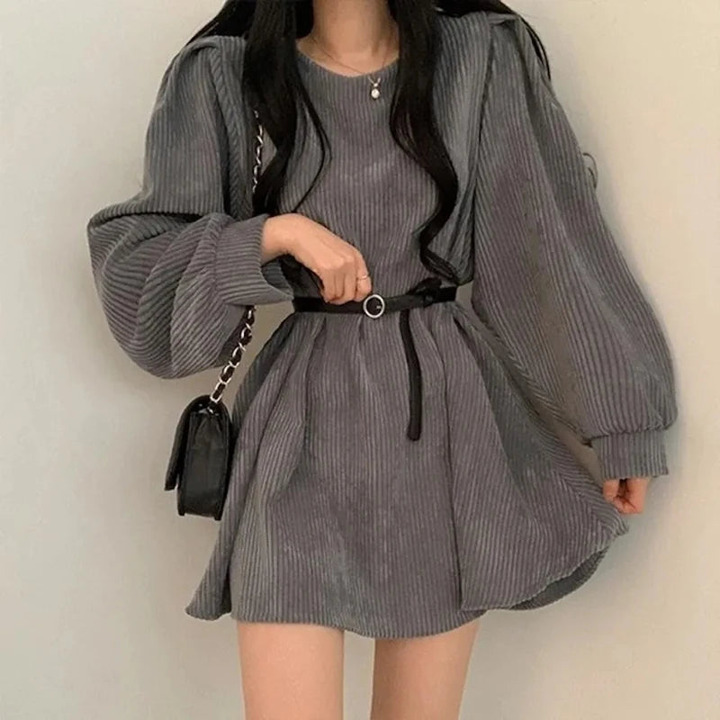 GIDYQ Corduroy Dress Women Vintage Belt Slim Long Sleeve Mini Dresses Fashion Elegant Solid O Neck Chic Streetwear Fall Winter
