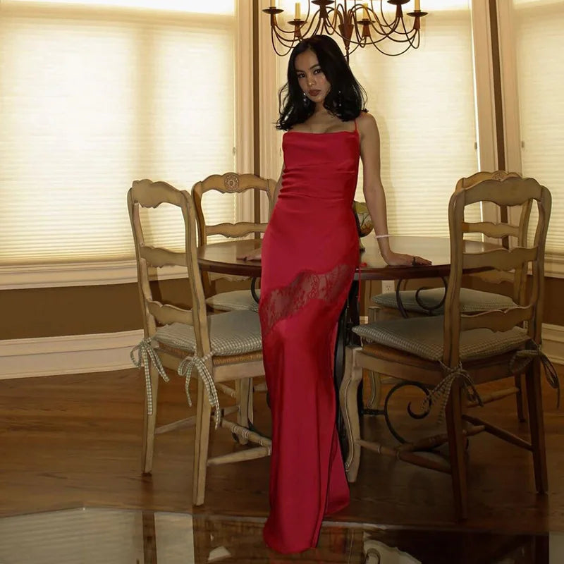 Women Spaghetti Strap Satin Party Dress Sexy Low Cut Bodycon Long Dress Solid Sleeveless Split Dress