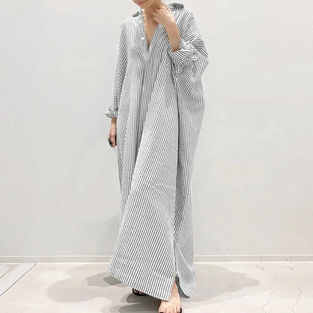 Fashion Women Lapel Neck Striped Dress Autumn Long Sleeve Buttons Maxi Long Dress Elegant Shirt Vestidos Femme Sundress