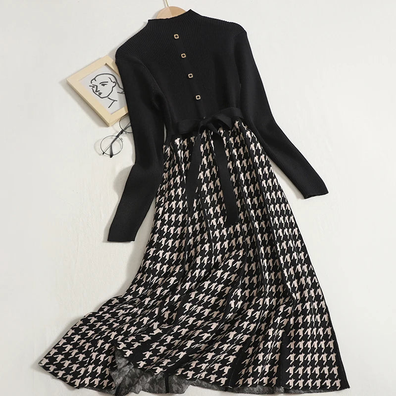 Korean Elegant Knitted Plaid Patchwork Midi Dress for Women Long Sleeve O-neck Bird Lattice Bow Pleated Dress Autumn Winter