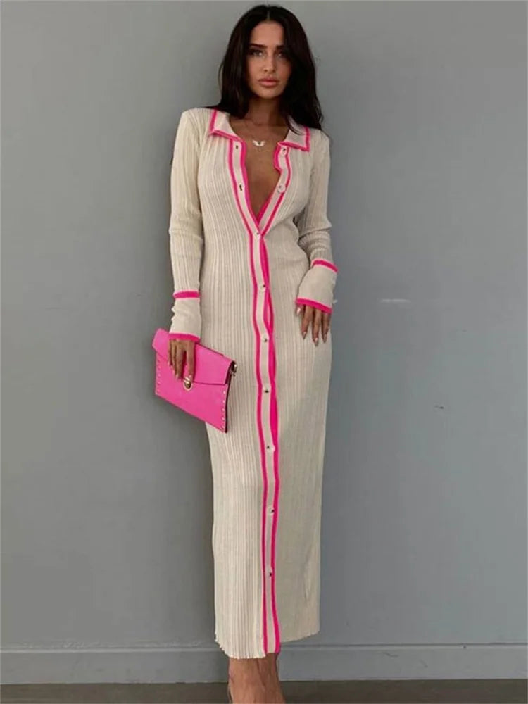Patchwork Slim V-Neck Dress Cardigan For Women Contrast Long Sleeve High Street Maxi Dress Female Elegant Party Dress