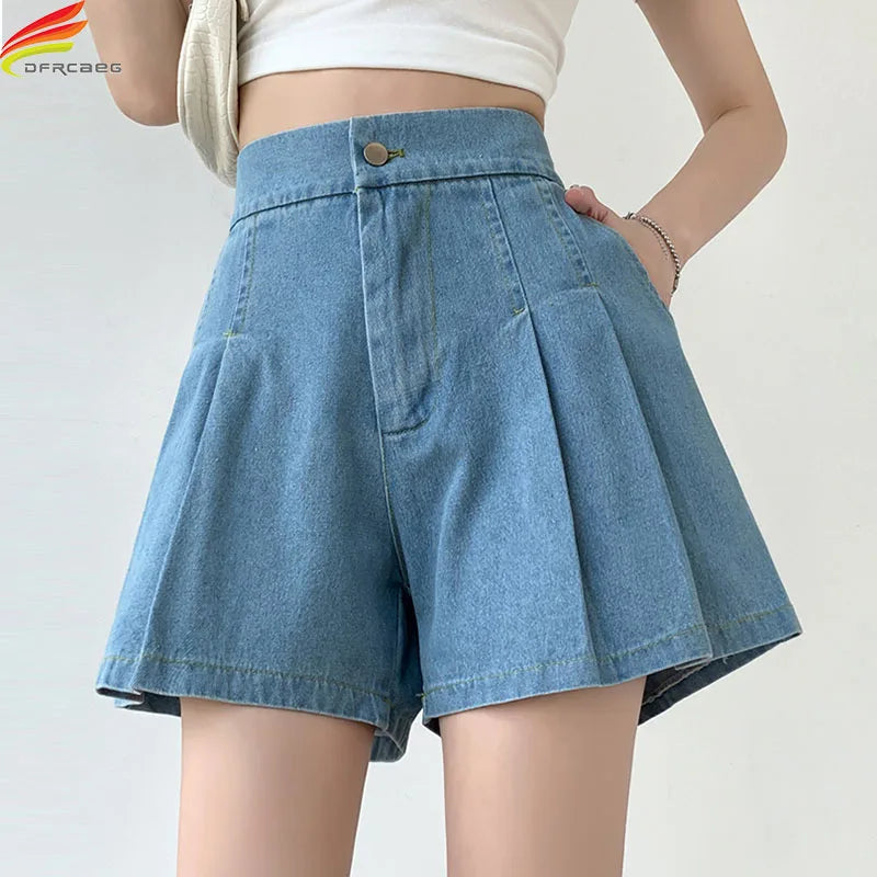 DFRCAEG Summer Plus Size Denim Shorts For Women High Elastic Waist Blue Or Sky Blue Pleated Mini Large Size Short Femme