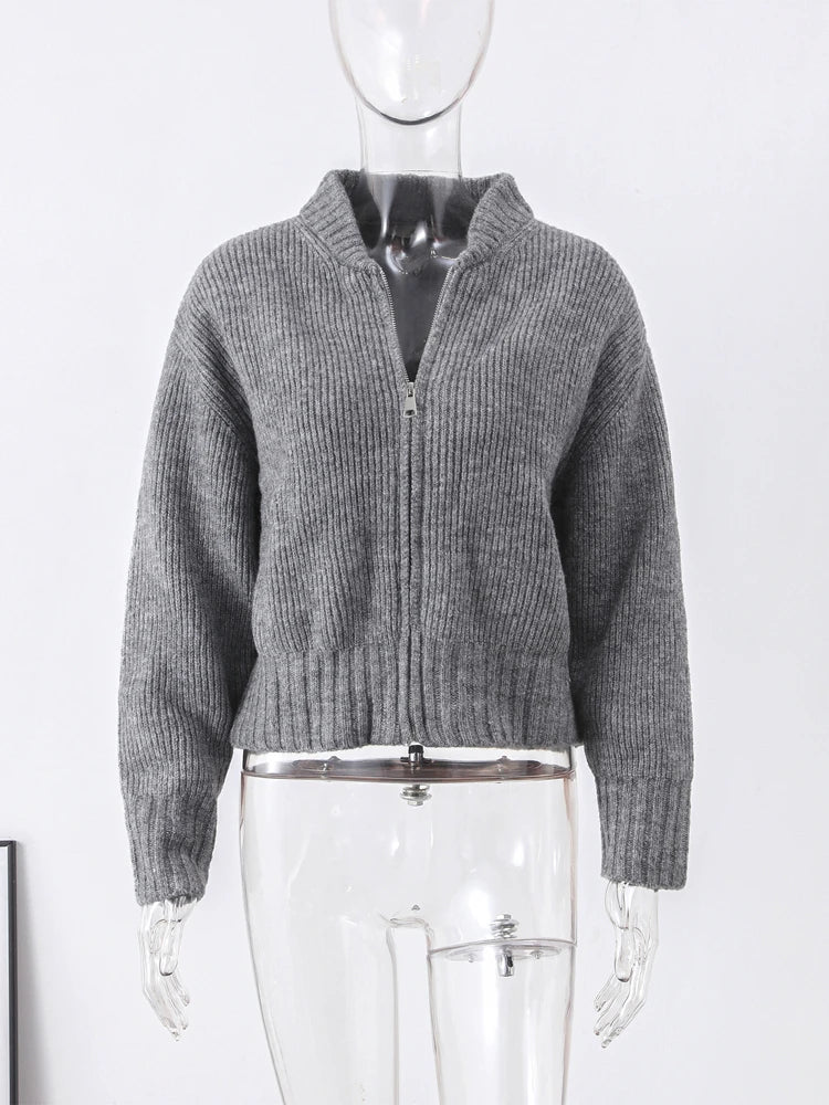 Fashion Solid Zipper Round Collar Sweater For Women High Street 2024 Autumn Winter New Casual Knitwear Long Sleeve Female Tops