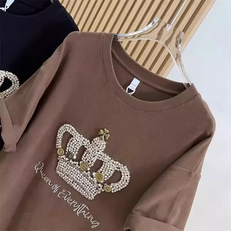 Crown Beading Letter Print Women's Plus Size T-shirt XL-4XL Diamond-studded Female New Tees 2024 Summer Cotton Short Sleeve Tops