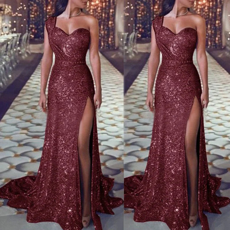 2022 Models Dresses Women Elegant And Sexy One-shoulder Sleeveless Bronzing Dress Split Wo