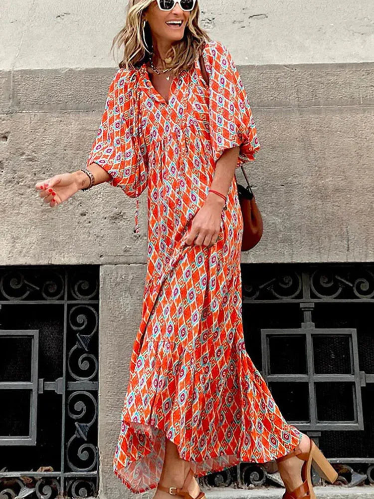 Fashion Women Print Dress Summer Loose Boho Dress Casual Elegant Short Sleeve Beach Party Dresses For Woman Robe Femme New