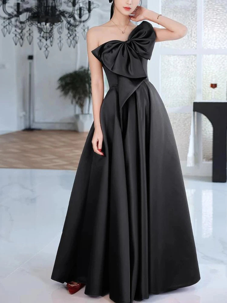 Elegant Temperament Prom Vestidos Bow Draped One-shoulder Strapless Cross Lace Up Graduation Dress Trendy Party Evening Dresses