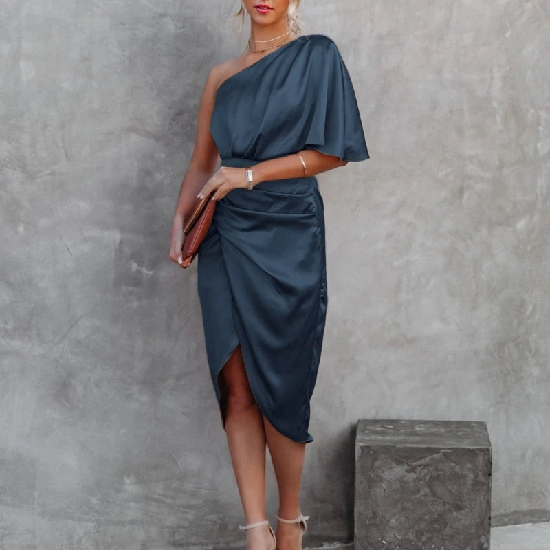 Women One Shoulder Batwing Sleeve Ruched Asymmetrical Satin Midi Bodycon Dresses