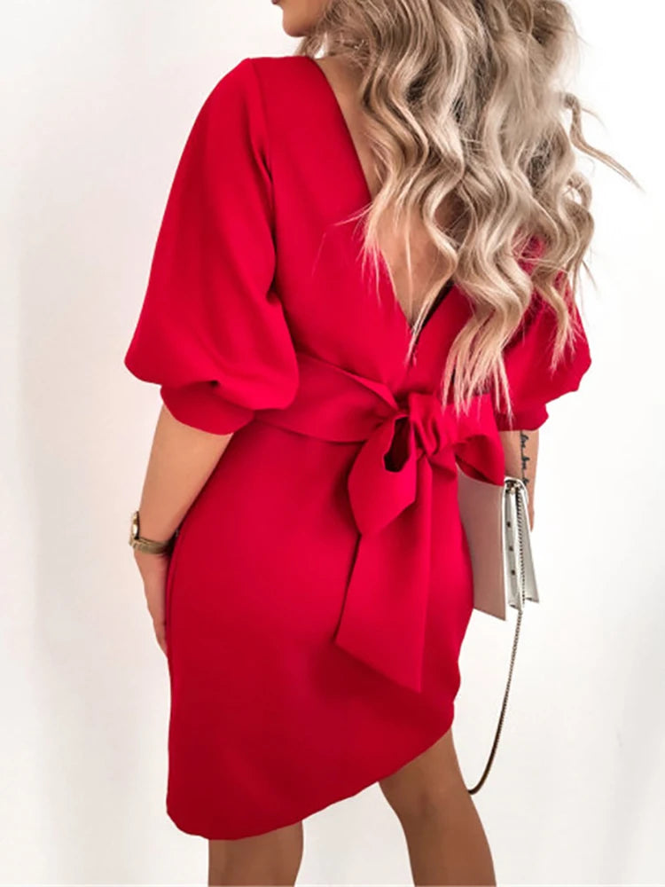 Women Solid O-Neck Princess Party Dress Spring Autumn Sexy Three Quarter Sleeve Ladies Bow Backless Streetwear Dropshipping