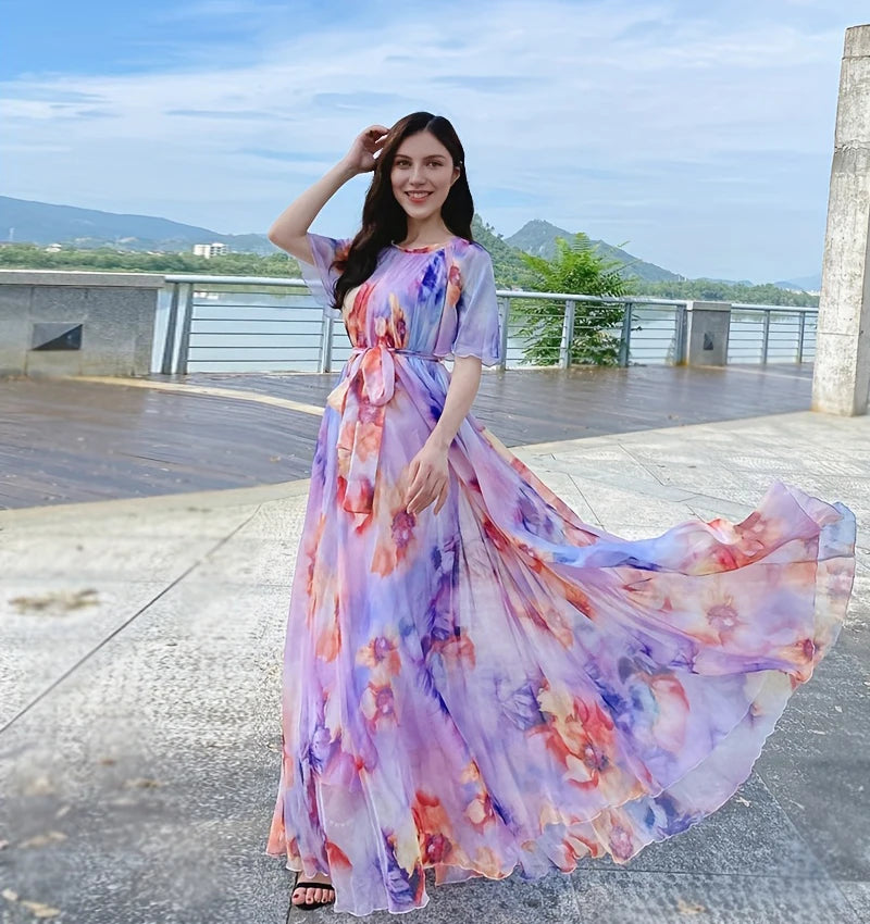 Plus Size Bohemian Beach Sundress Flying Clothing Chiffon Loose Elegant Vestido Robes Lady Holidays Prom Long Dress Belt Which