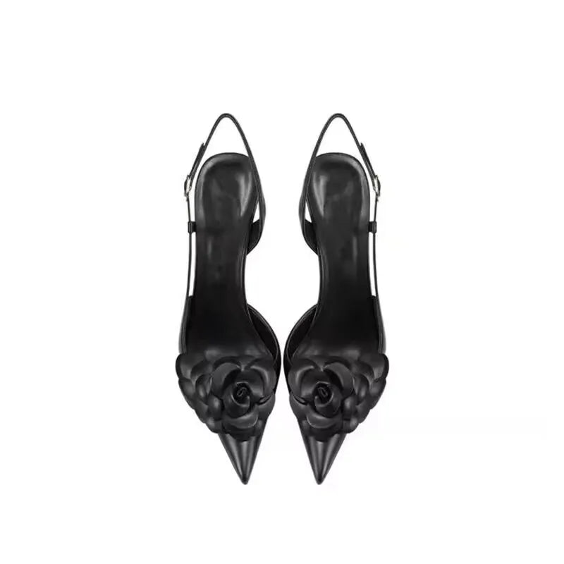 2023 New Genuine Leather Off White Camellia Buckle Shallow Mouth Sexy Celebrity Style Women's High Heel Sandals