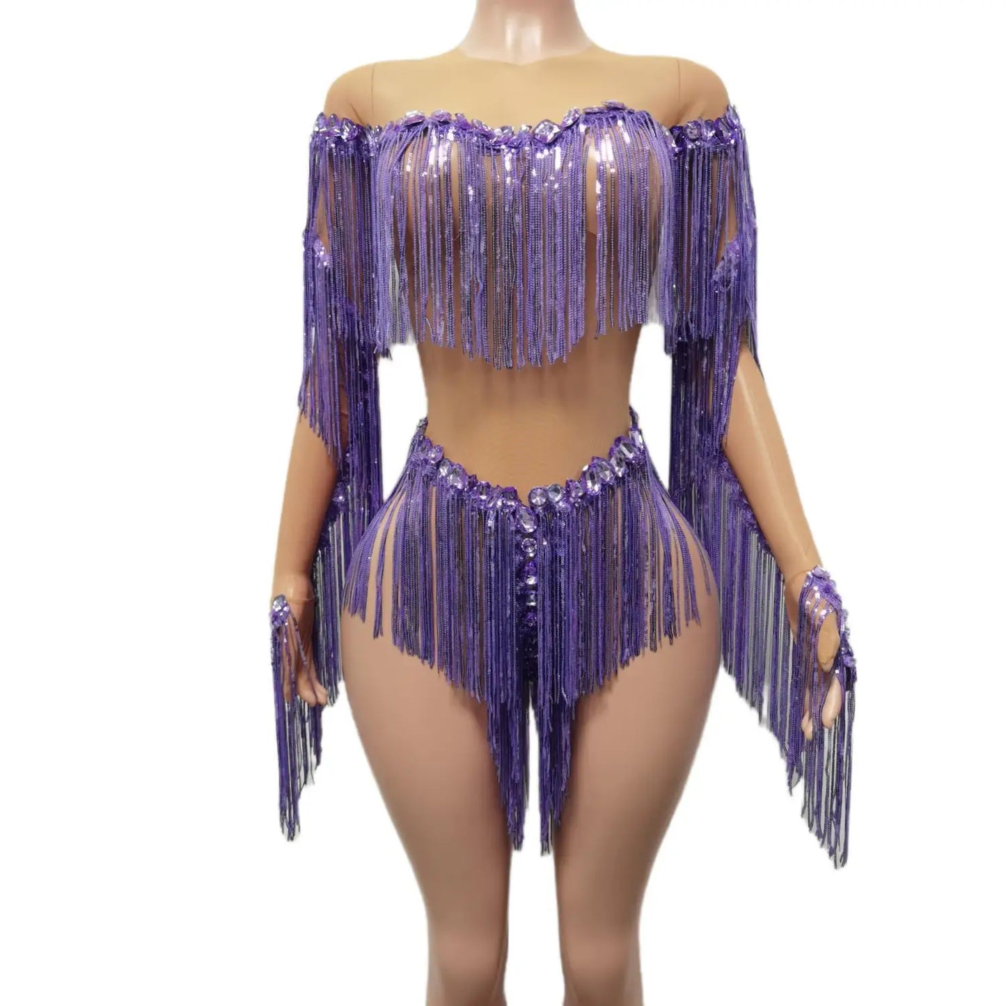 Purple Shining Rhinestones Tassel Bodysuits Women Fashion Show Model Clothing Sexy Stage Costume Jazz Dance Wears Weixiao
