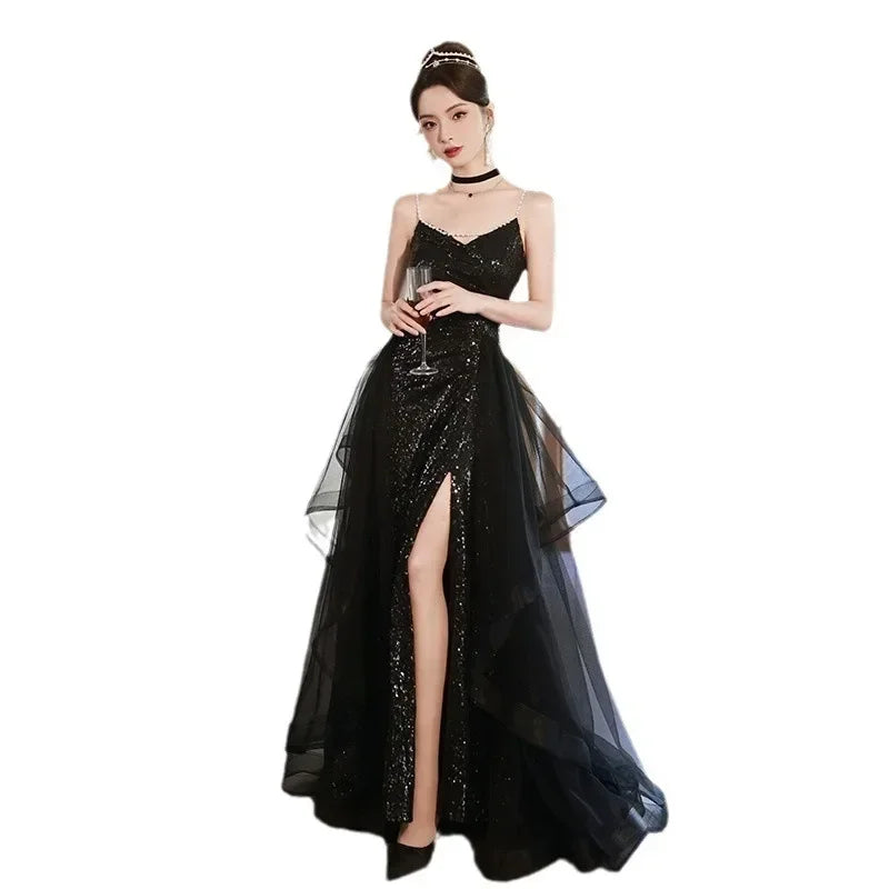 Women's Prom Dresses Slim Off The Shoulder Sleeveless Black Sequin Banquet Long Skirt Evening Party Dress for Women Vestidos