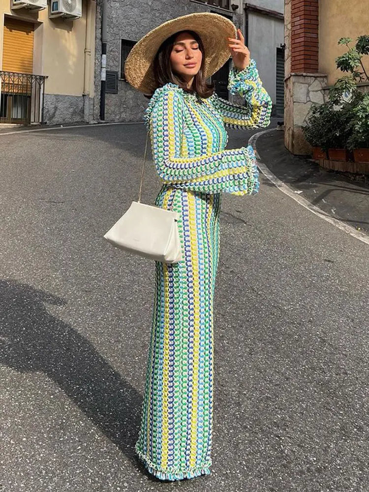 Contrast A-line Vestidos Female Party Club Vacation Robes Sexy Backless Women's Flare Sleeves Long Dress Fashion Elegant