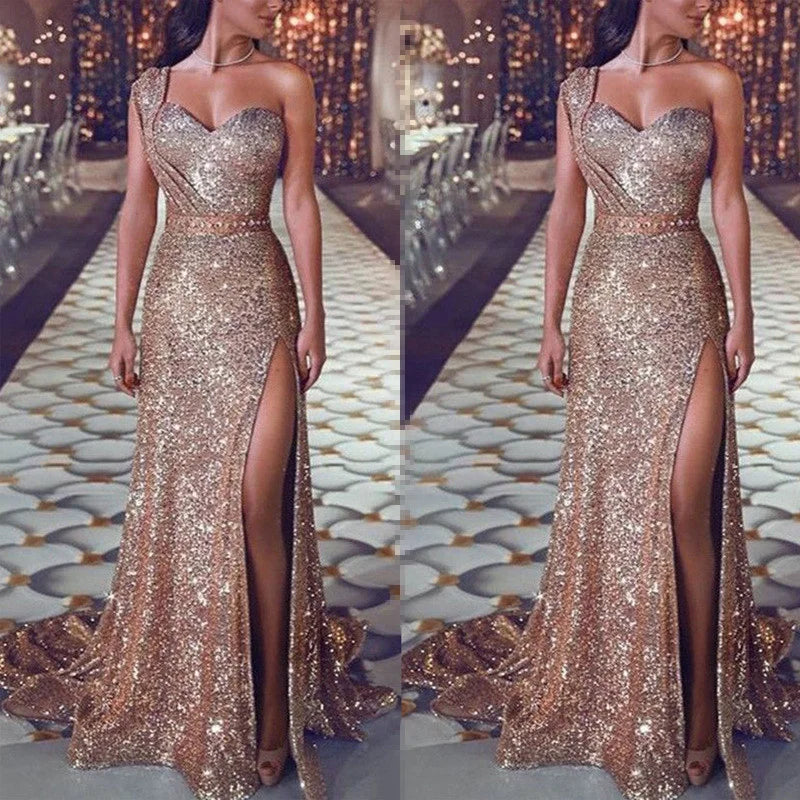 2022 Models Dresses Women Elegant And Sexy One-shoulder Sleeveless Bronzing Dress Split Wo