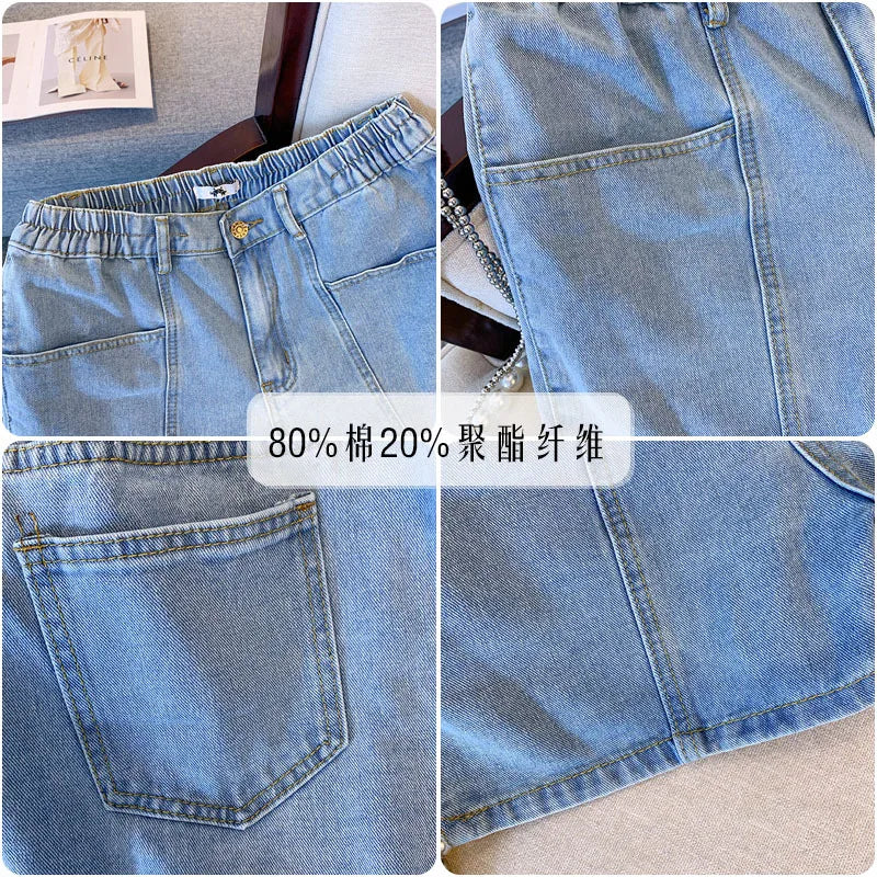 New Ladies Summer Plus Size hot pants For Women Large Size Loose Blue Cotton Pocket Denim Shorts 3XL 4XL 5XL 6XL 7XL