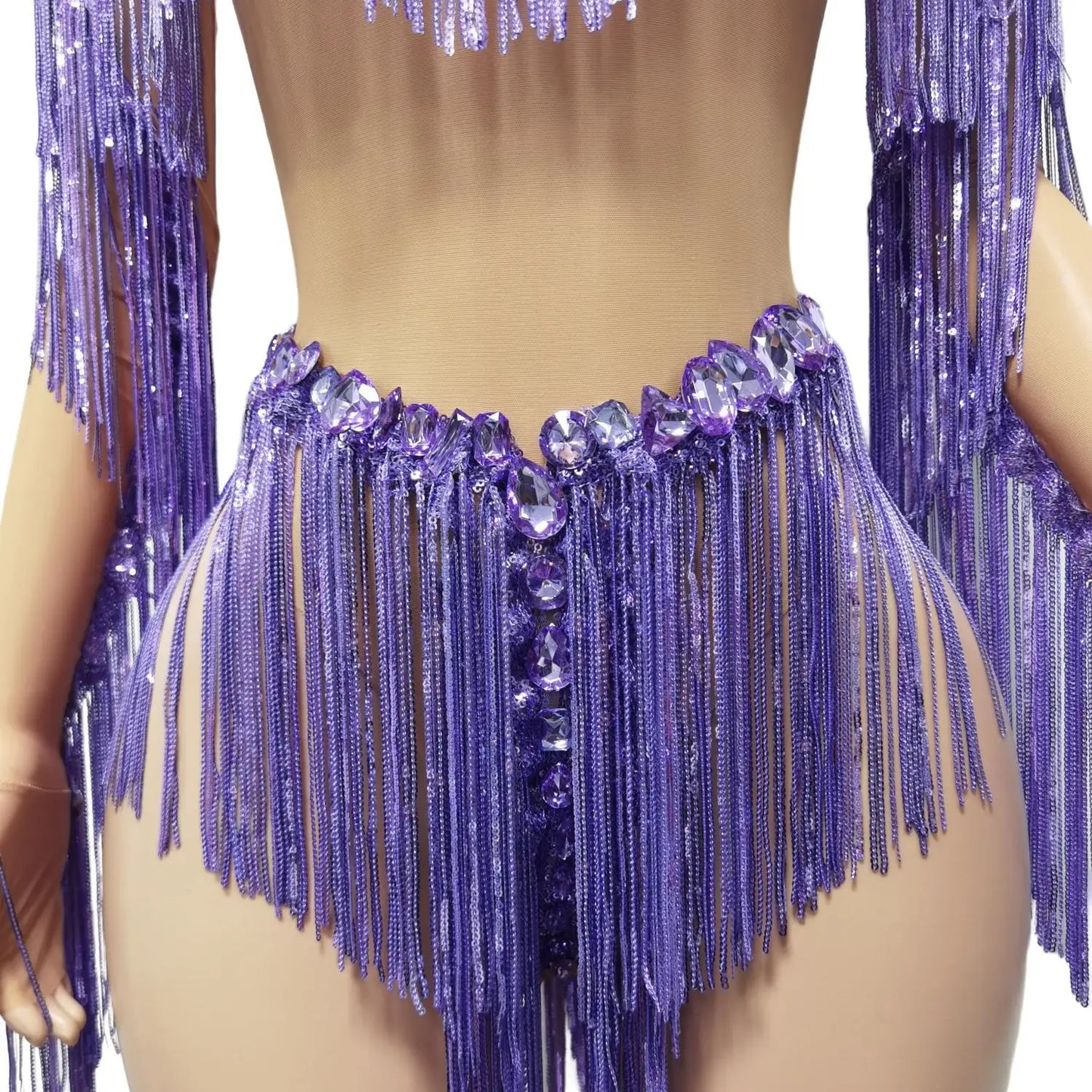Purple Shining Rhinestones Tassel Bodysuits Women Fashion Show Model Clothing Sexy Stage Costume Jazz Dance Wears Weixiao