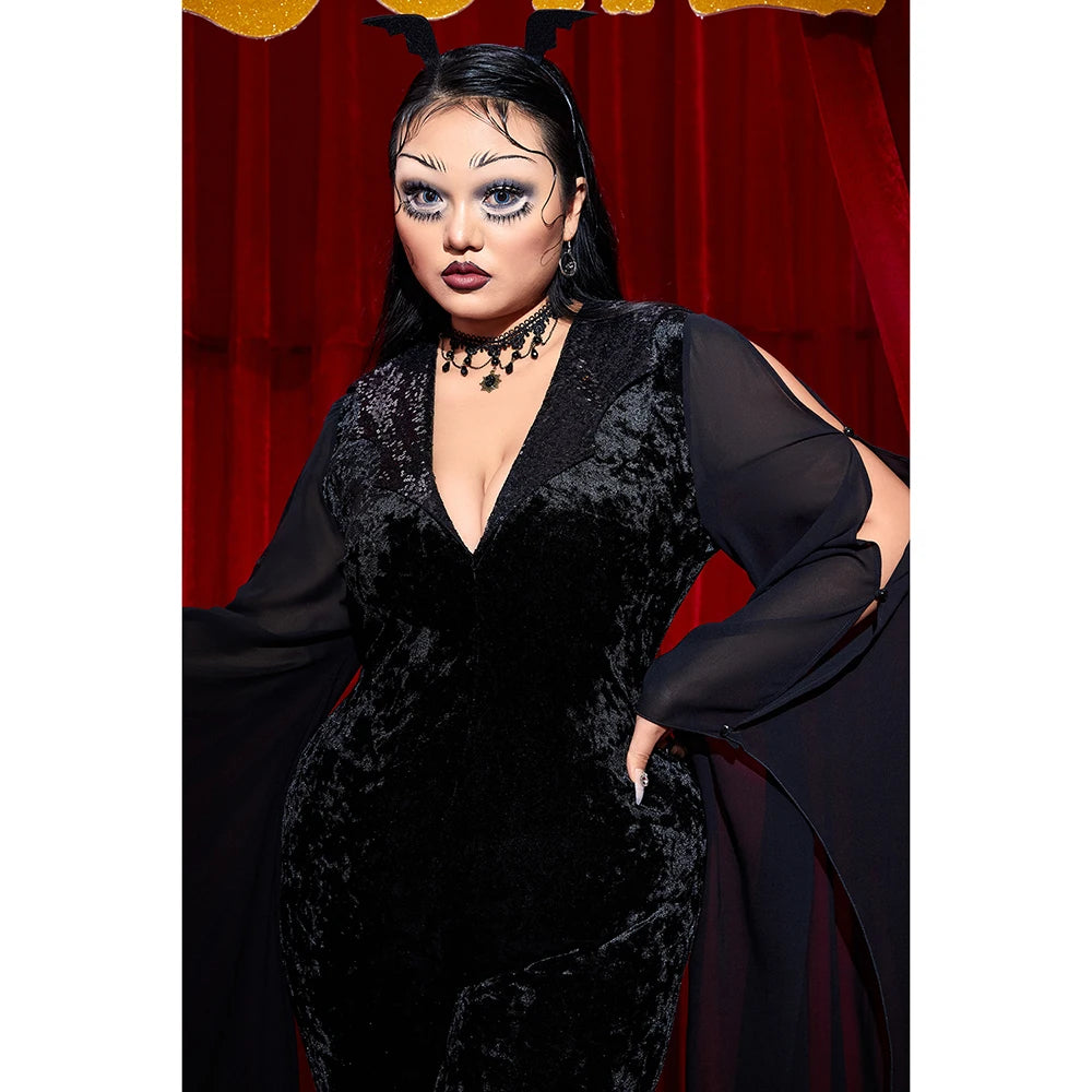 Plus Size Halloween Costume Black Midnight Bat Women's Costume Velvet Jumpsuit