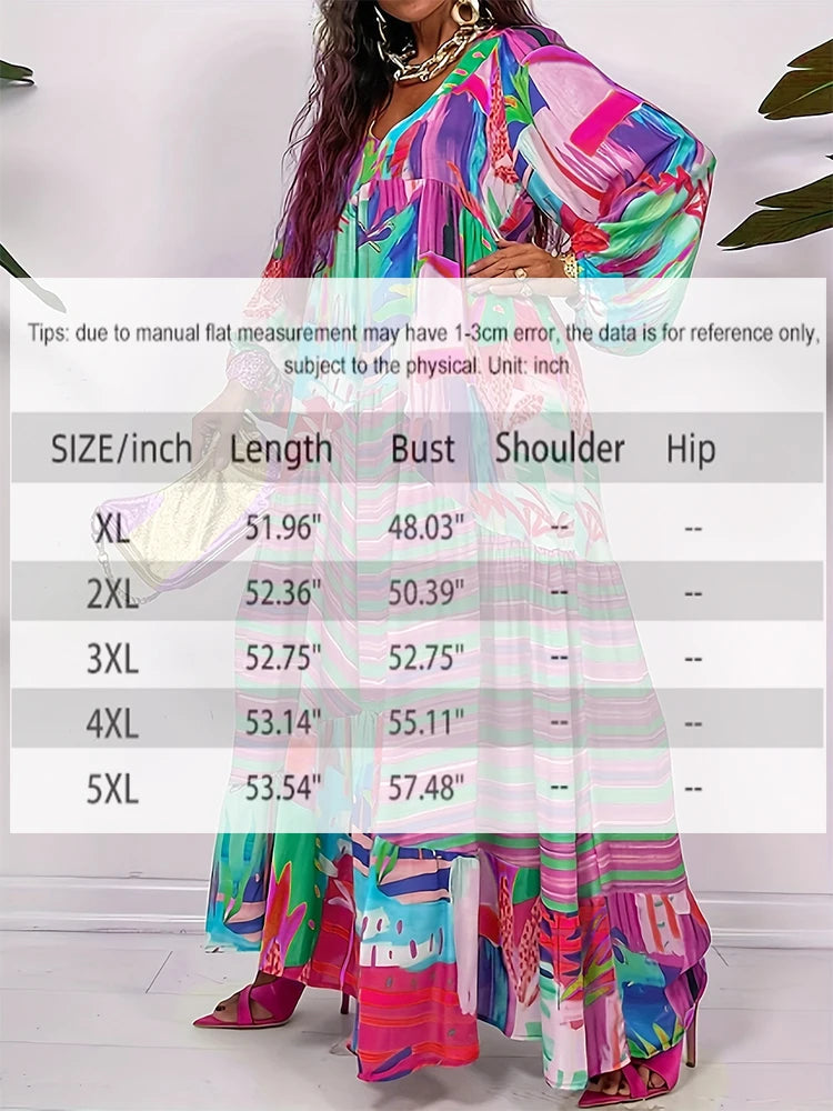 Plus Size Fall/Winter New Women's Casual Dress, Long Sleeve, V-Neck, Irregular Pattern Print Personalized Apparel Dresses