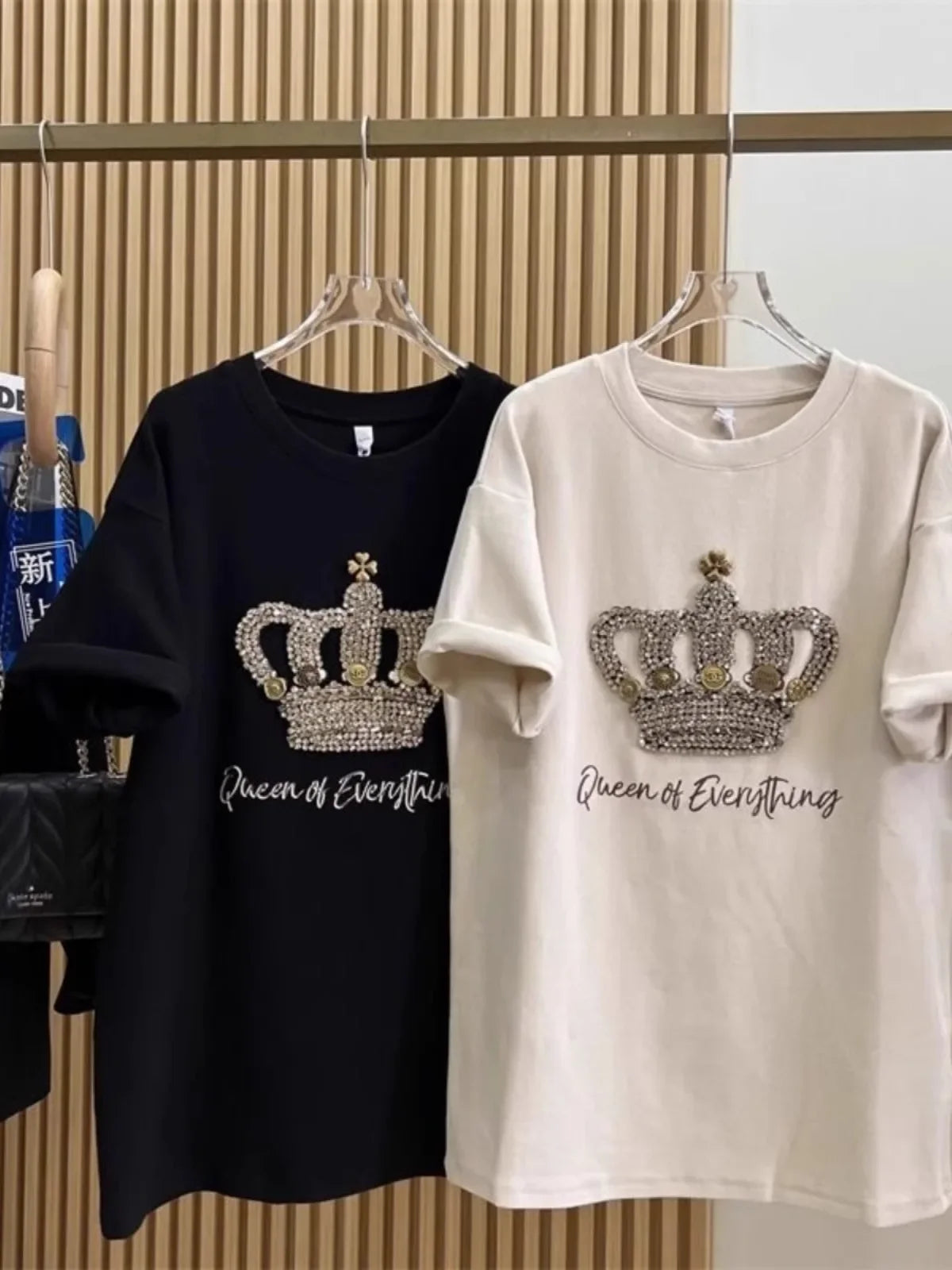Crown Beading Letter Print Women's Plus Size T-shirt XL-4XL Diamond-studded Female New Tees 2024 Summer Cotton Short Sleeve Tops