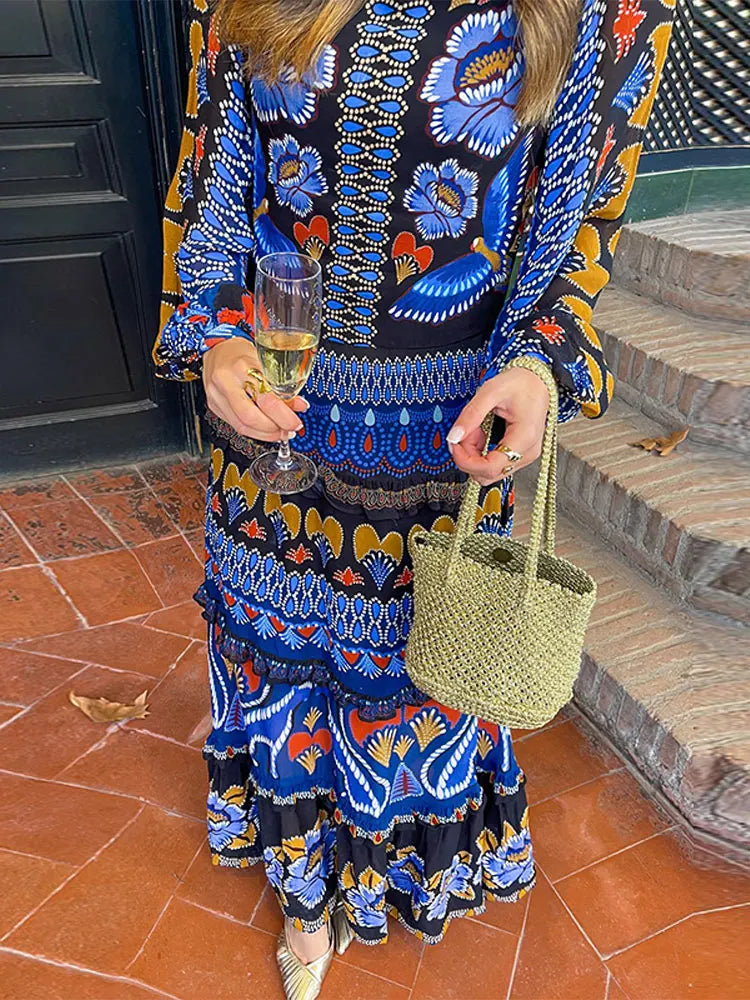 Vintage Print Round Neck Maxi Dress For Women Fashion Lantern Sleeves Loose Long Dresses 2024 Ladies Casual Vocation Streetwear