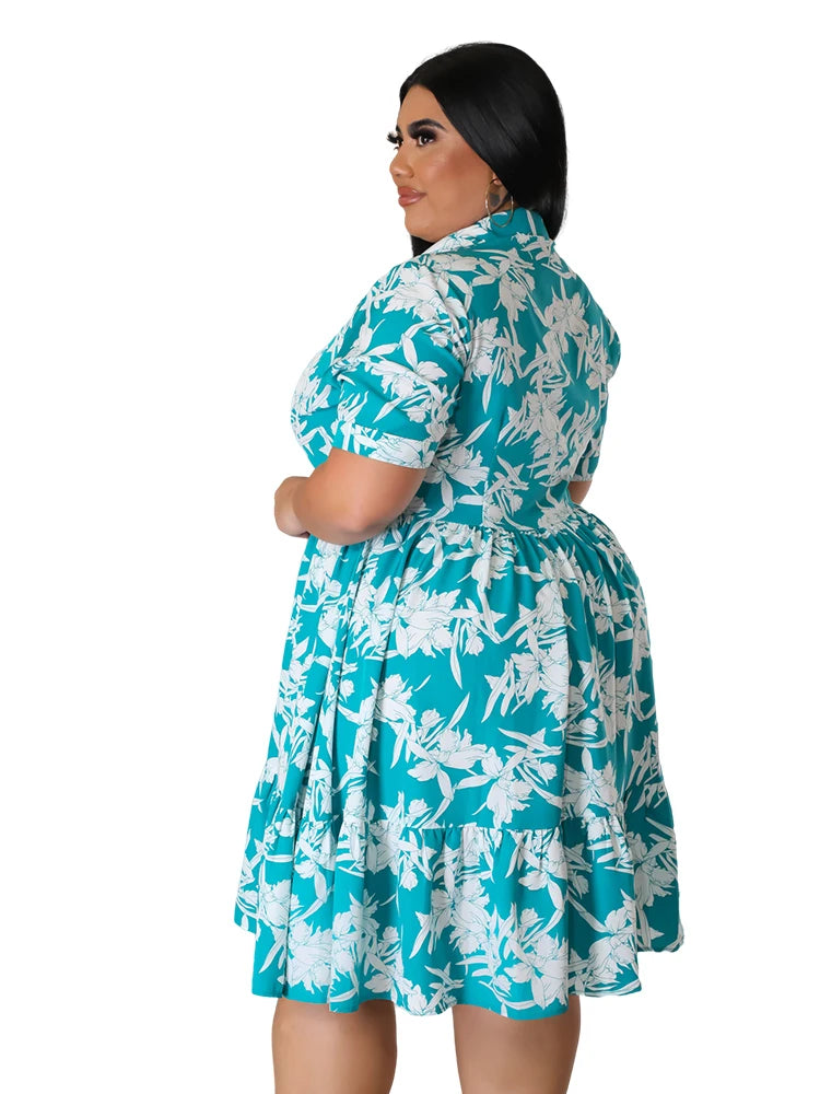 Plus Size Midi Dress Women Floral Print Female A Line Elegant Spring Summer Short sleeve Dress Casual Party Dresses