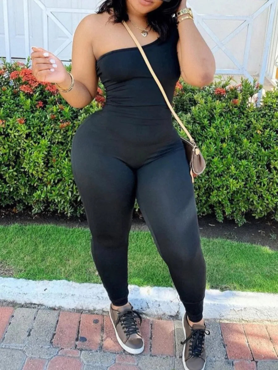 LW Plus Size One Shoulder Sleeveless Skinny Stretchy Jumpsuit Women Backless Sexy Summer Black Body Suit Playsuit