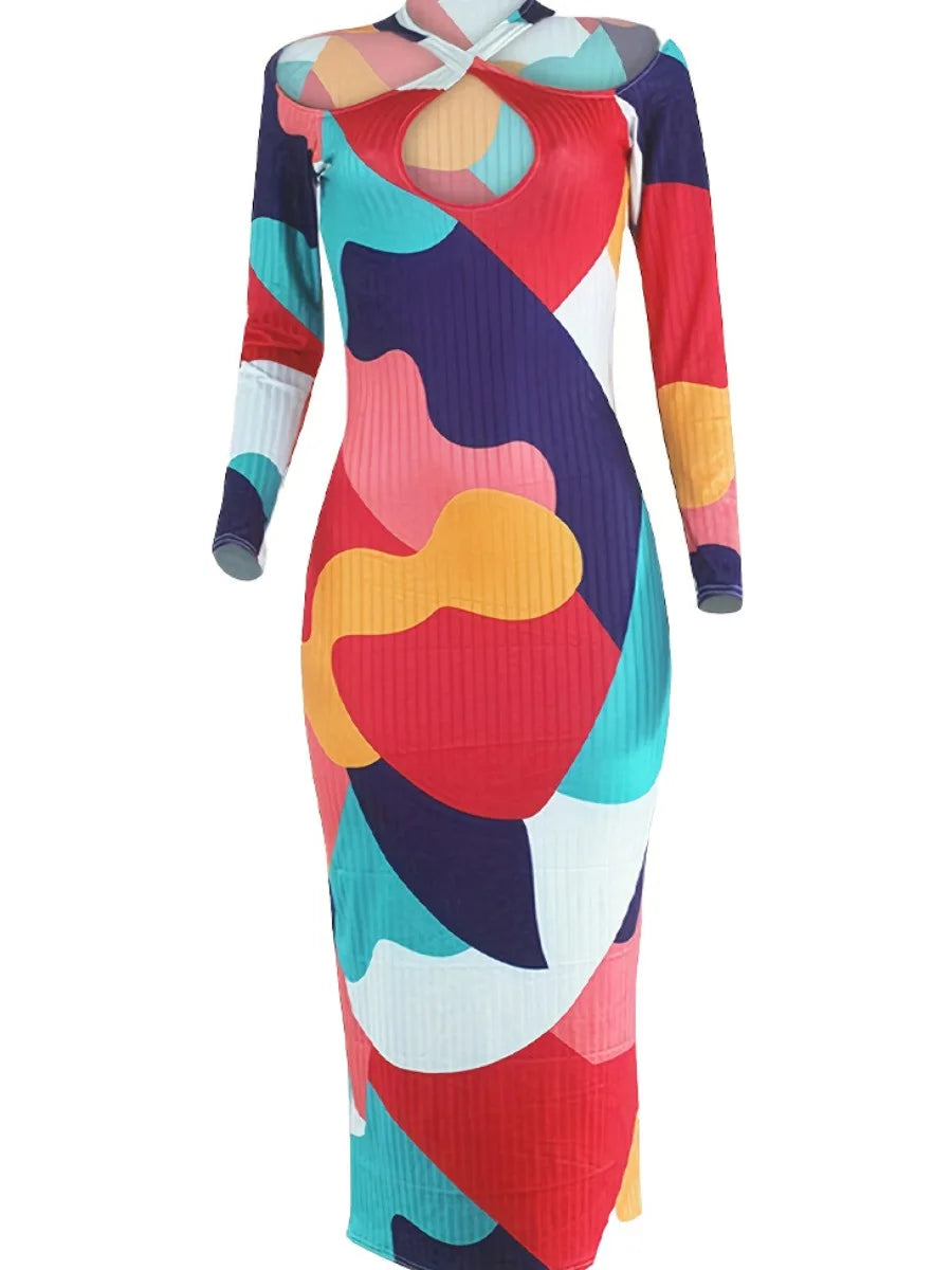 LW Plus Size Elegant Color Lump Patchwork Bodycon Dress Women Cold Shoulder V Neck Long Sleeve Autumn Winter Mid Calf Dresses