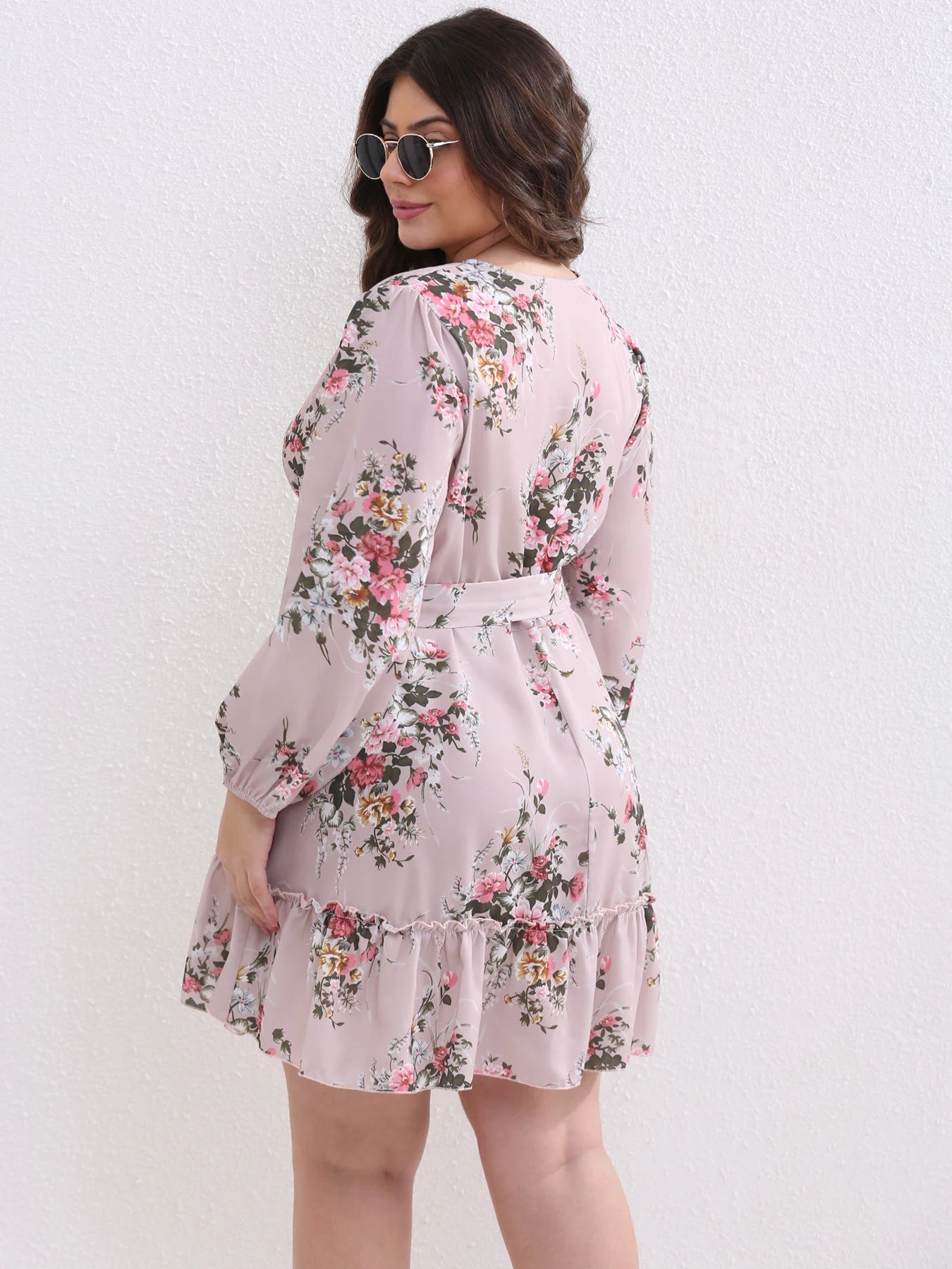Plus Size Women Flower Print Chiffon Sexy V Neck Out Long Sleeve Dress Female Elegant Party Dresses Wholesale DropShipping