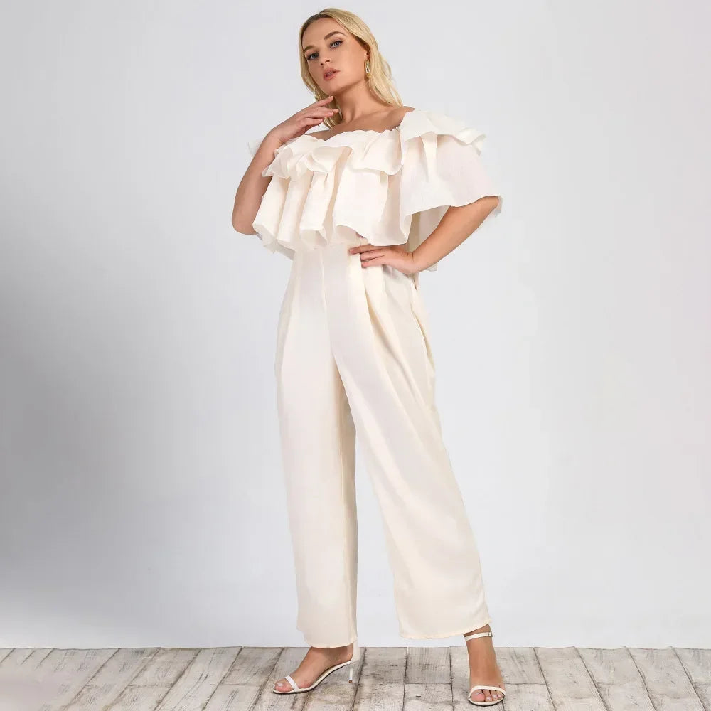 Plus Size Solid Ruffle Off Shoulder Jumpsuit Curvy Aesthetic Spring Fashion Women Jumpsuit Elegant High Waist Wide Leg Jumpsuits