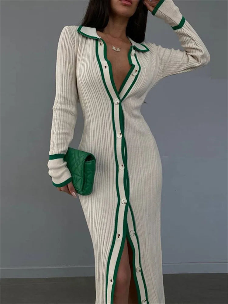 Patchwork Slim V-Neck Dress Cardigan For Women Contrast Long Sleeve High Street Maxi Dress Female Elegant Party Dress