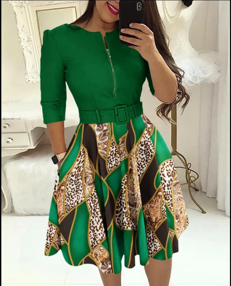 Women's Fashion Style Long Sleeve Dresses Autumn/Winter Round Neck Printed Belt Dress Elegant Office Lady Clothes S-3XL