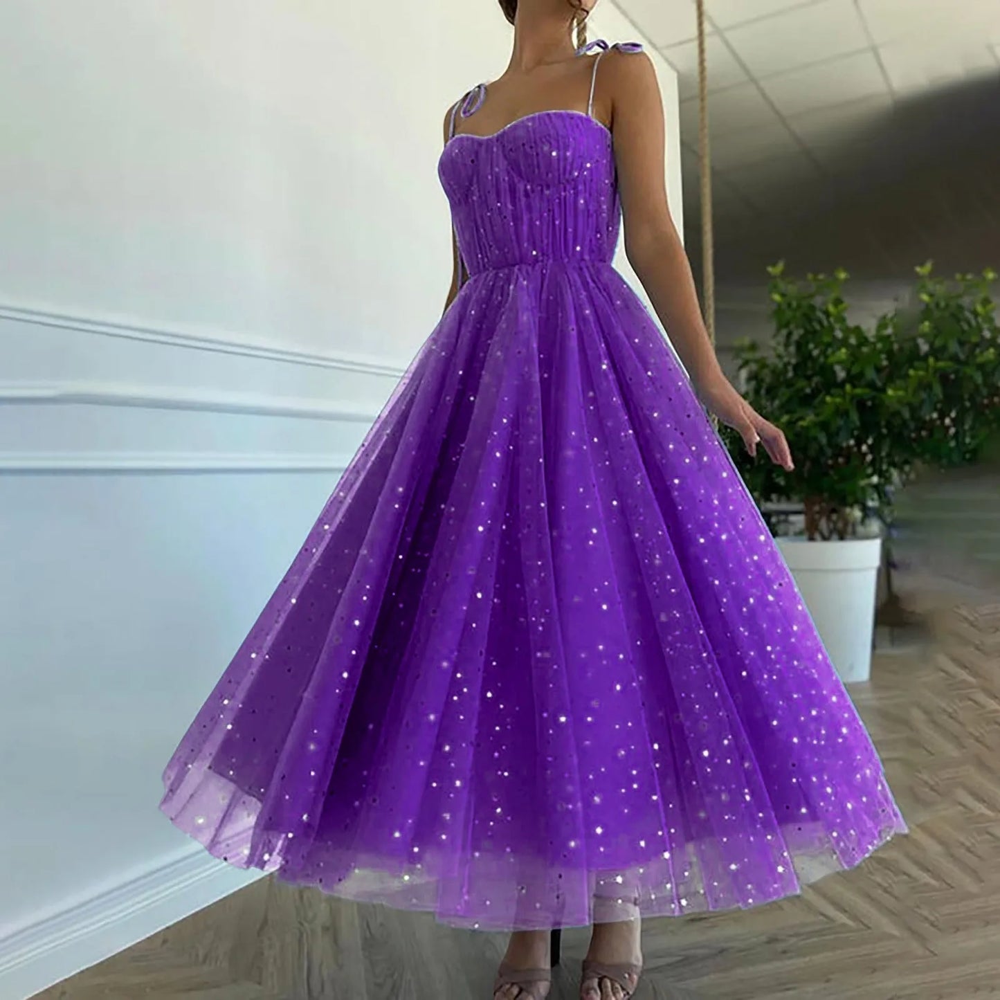 Summer Bling Stars Sequin Dress Women Vintage V Neck Sexy Mesh Dresses Ladies Spaghetti Strap Party Tulle Dress Vestidos Mujer