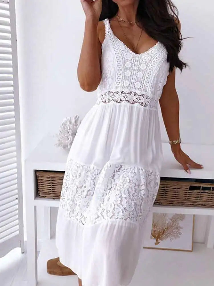 Boho Midi Dress Women Sexy Backless Dress Summer Spaghetti Strap Fashion White Lace Patchwork Casual Beach Sleeveless Dresses