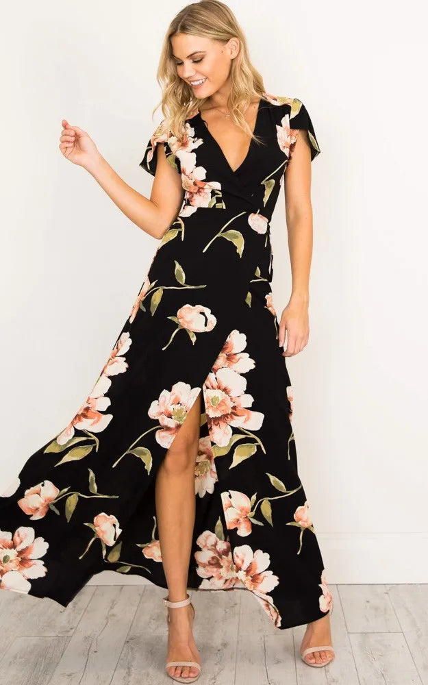 Summer Short Sleeved Long Dress V-neck Split Print Fashion Retro Tiktok Consignment Rayon Robe for Women Party Wedding