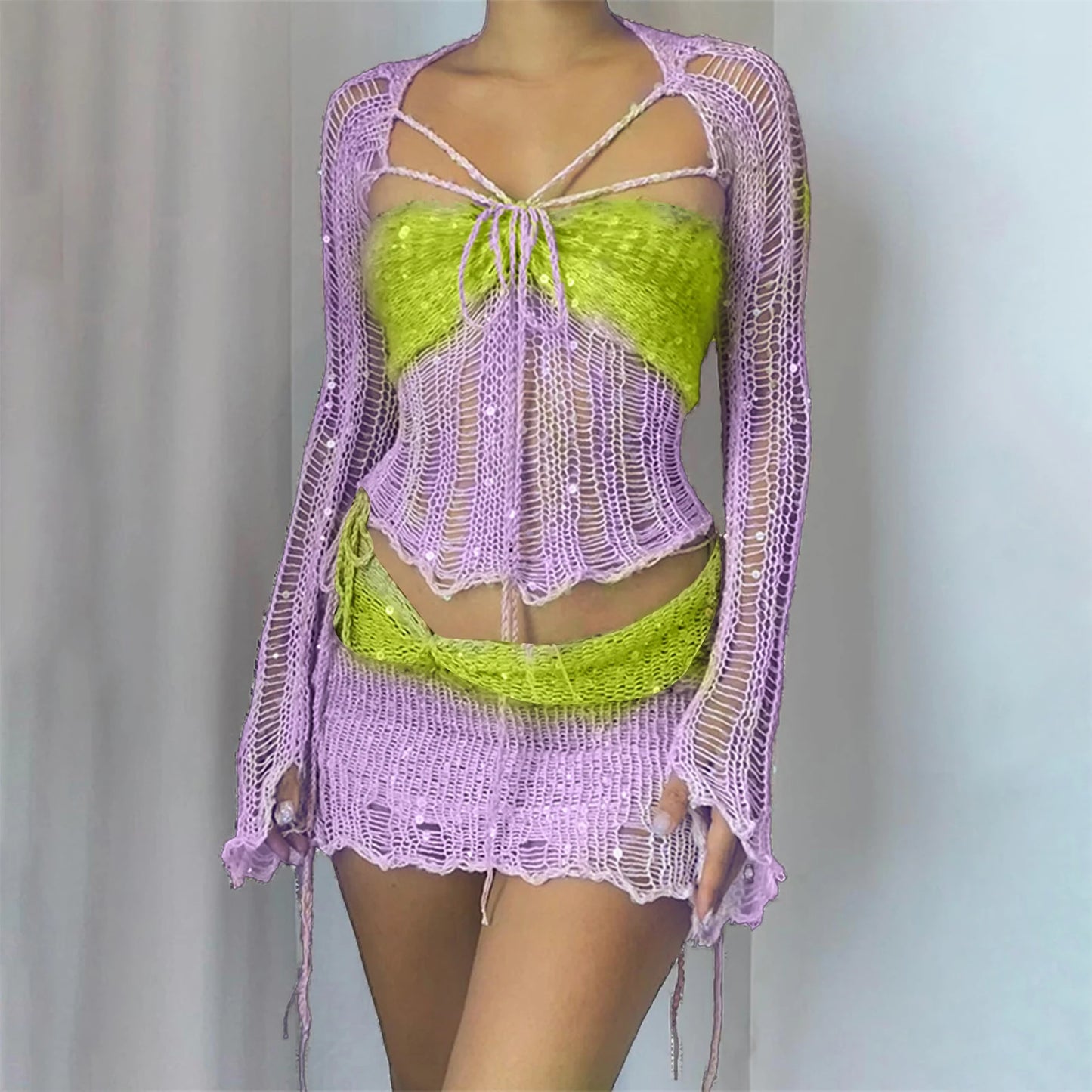 Women's Crochet Sequin 3 Piece Dress Crop Top Long Sleeve Split Knitted Y2k Fashion Summer Sequins Mini Dress Short Skirt