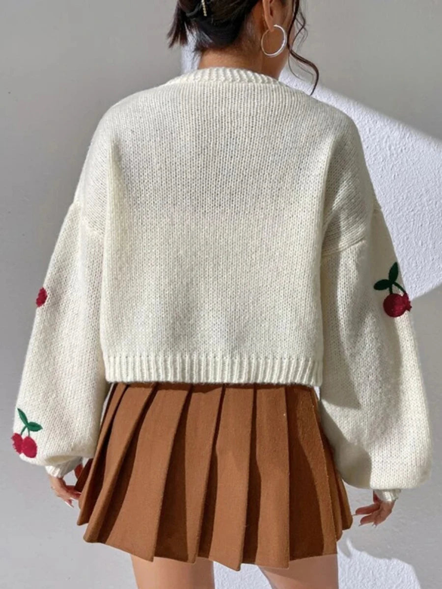 Women acute s Open Front Knit Cardigan Cherry Jacquard Long Sleeve Chic Loose Sweater Fashion Cropped Jacket for Spring Fall